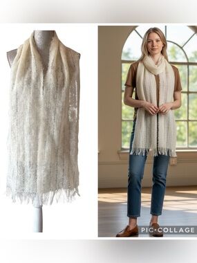 Avoca Handweavers Ivory Mohair Wool Fringe Scarf Wrap Ireland Size OS